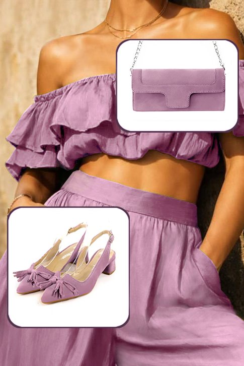 Women's mauve purple elegant slingback heels, with a bow on the front. Tapered toe. Low flare heels - Top view
